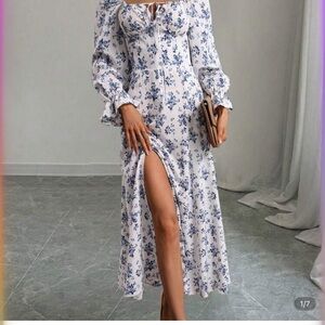 SHEIN Blue and White Long Sleeve Sundress with Slit